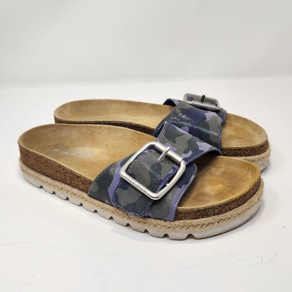 J Slides Women Lust Slip One Buckle Strap Sandal Size 7M Blue Green Camo Leather